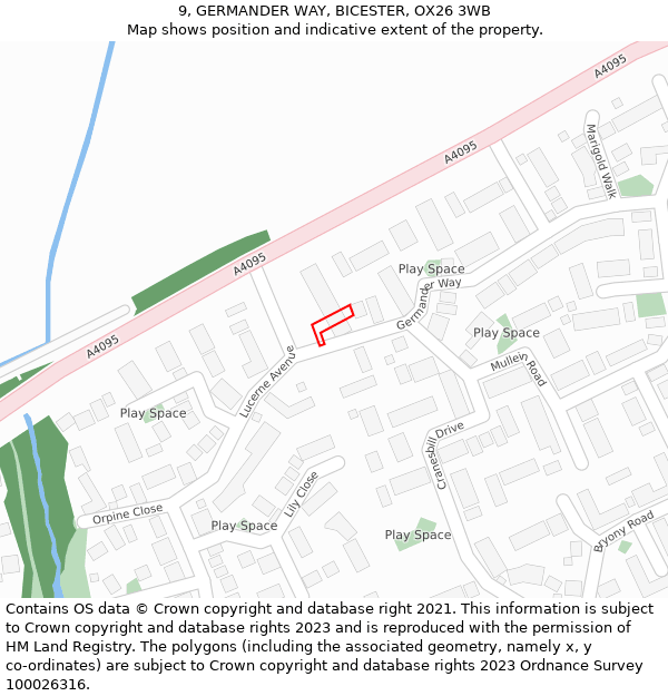 9, GERMANDER WAY, BICESTER, OX26 3WB: Location map and indicative extent of plot