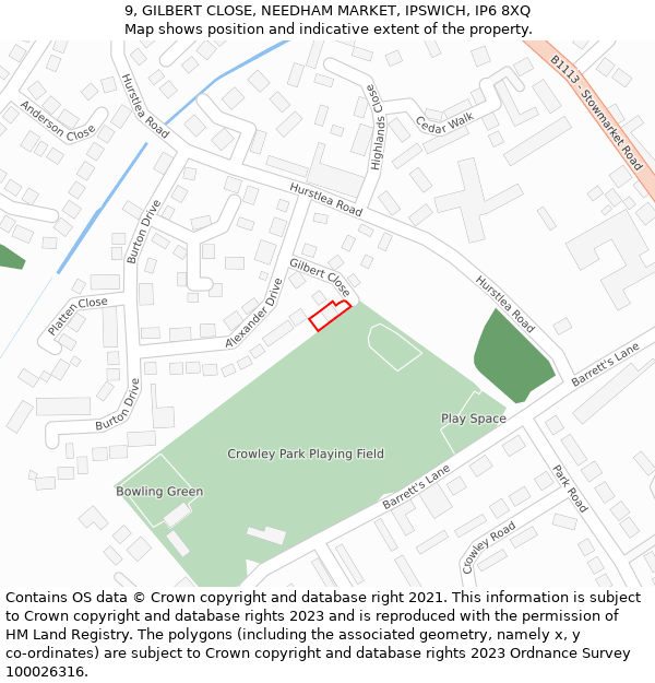 9, GILBERT CLOSE, NEEDHAM MARKET, IPSWICH, IP6 8XQ: Location map and indicative extent of plot