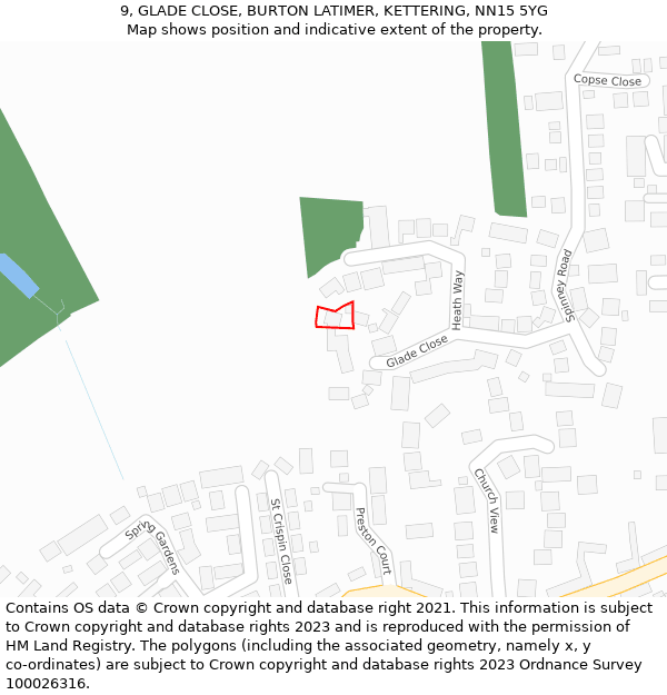 9, GLADE CLOSE, BURTON LATIMER, KETTERING, NN15 5YG: Location map and indicative extent of plot