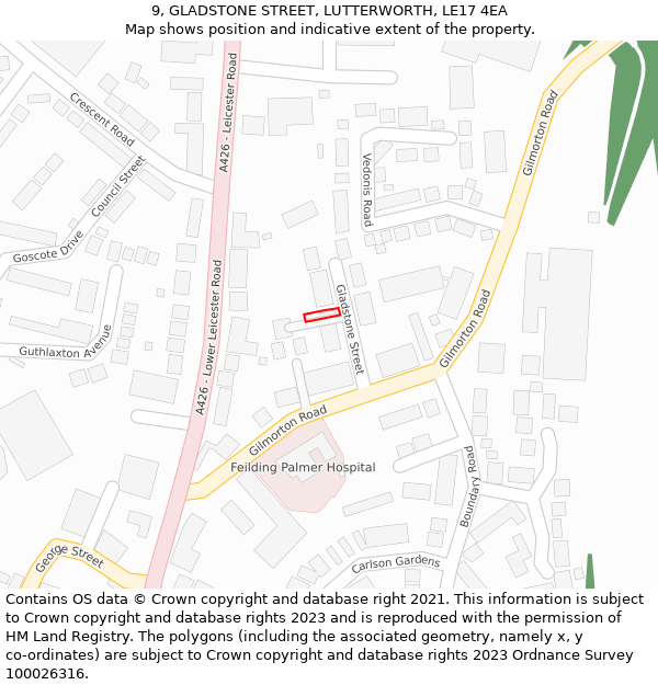 9, GLADSTONE STREET, LUTTERWORTH, LE17 4EA: Location map and indicative extent of plot
