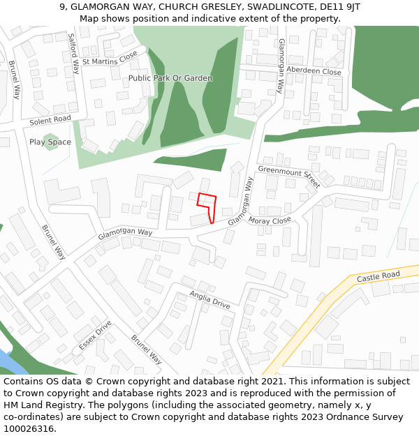 9, GLAMORGAN WAY, CHURCH GRESLEY, SWADLINCOTE, DE11 9JT: Location map and indicative extent of plot