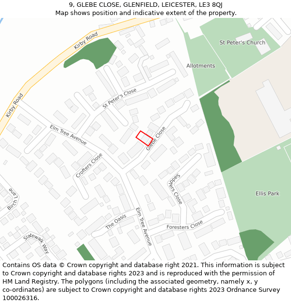 9, GLEBE CLOSE, GLENFIELD, LEICESTER, LE3 8QJ: Location map and indicative extent of plot