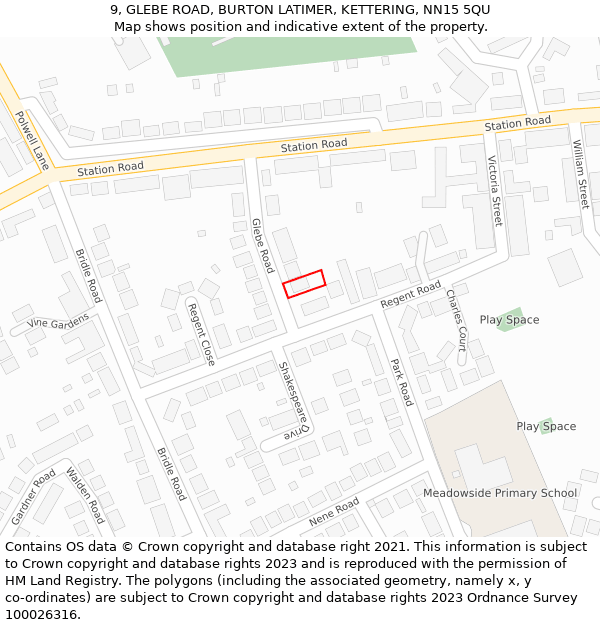 9, GLEBE ROAD, BURTON LATIMER, KETTERING, NN15 5QU: Location map and indicative extent of plot