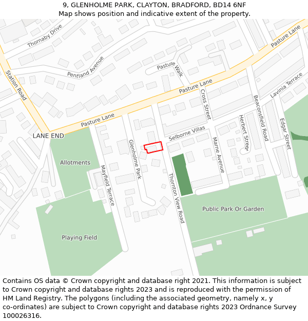 9, GLENHOLME PARK, CLAYTON, BRADFORD, BD14 6NF: Location map and indicative extent of plot