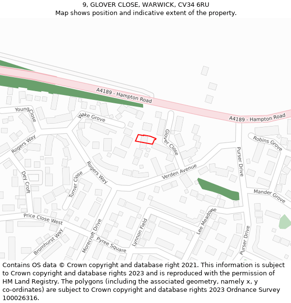 9, GLOVER CLOSE, WARWICK, CV34 6RU: Location map and indicative extent of plot