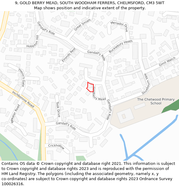 9, GOLD BERRY MEAD, SOUTH WOODHAM FERRERS, CHELMSFORD, CM3 5WT: Location map and indicative extent of plot