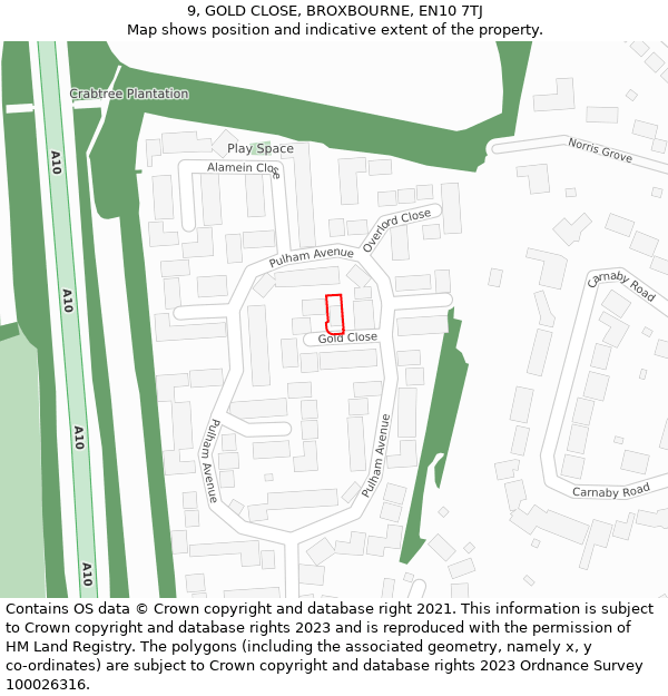 9, GOLD CLOSE, BROXBOURNE, EN10 7TJ: Location map and indicative extent of plot