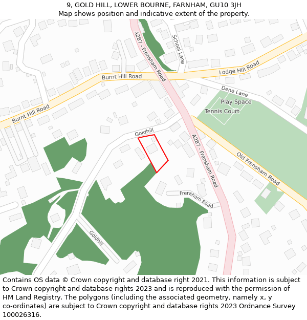 9, GOLD HILL, LOWER BOURNE, FARNHAM, GU10 3JH: Location map and indicative extent of plot