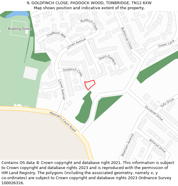 9, GOLDFINCH CLOSE, PADDOCK WOOD, TONBRIDGE, TN12 6XW: Location map and indicative extent of plot