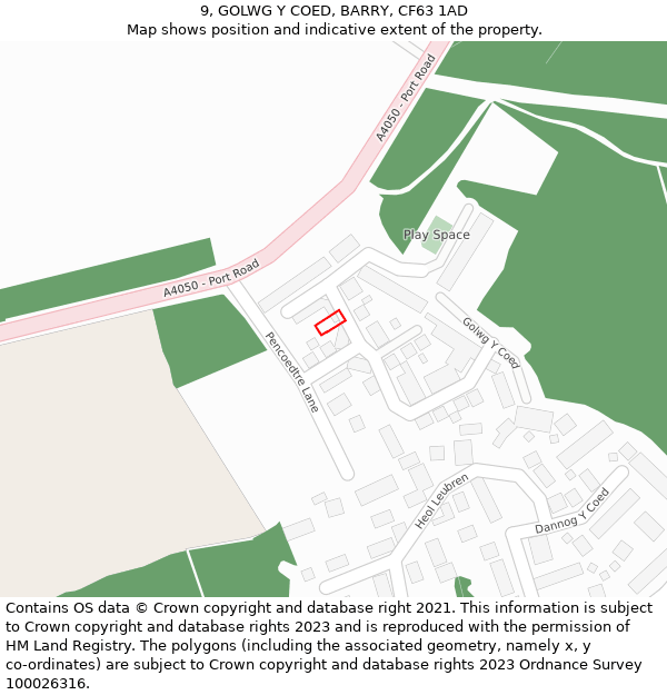 9, GOLWG Y COED, BARRY, CF63 1AD: Location map and indicative extent of plot