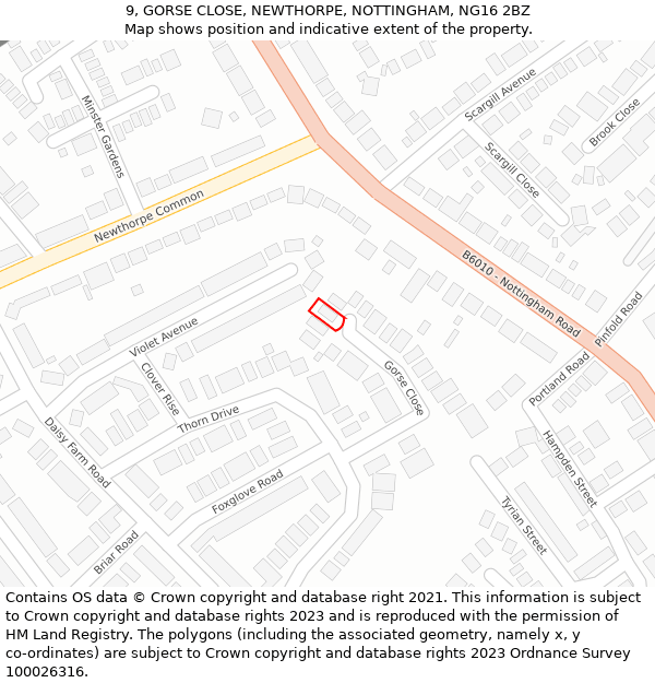 9, GORSE CLOSE, NEWTHORPE, NOTTINGHAM, NG16 2BZ: Location map and indicative extent of plot