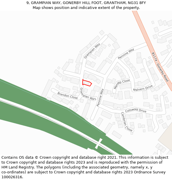 9, GRAMPIAN WAY, GONERBY HILL FOOT, GRANTHAM, NG31 8FY: Location map and indicative extent of plot