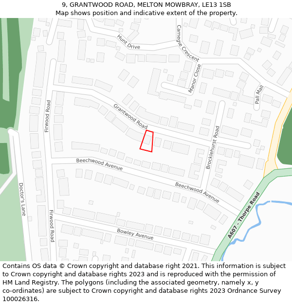 9, GRANTWOOD ROAD, MELTON MOWBRAY, LE13 1SB: Location map and indicative extent of plot