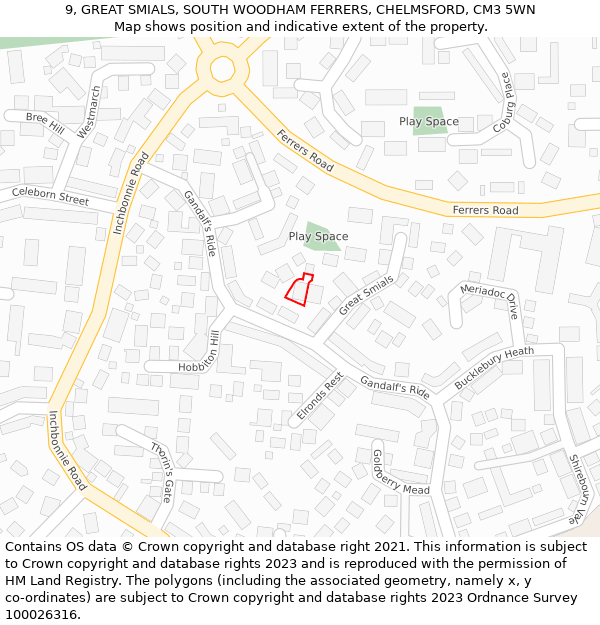 9, GREAT SMIALS, SOUTH WOODHAM FERRERS, CHELMSFORD, CM3 5WN: Location map and indicative extent of plot