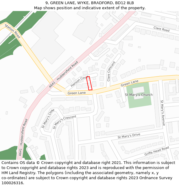 9, GREEN LANE, WYKE, BRADFORD, BD12 8LB: Location map and indicative extent of plot