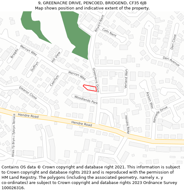 9, GREENACRE DRIVE, PENCOED, BRIDGEND, CF35 6JB: Location map and indicative extent of plot