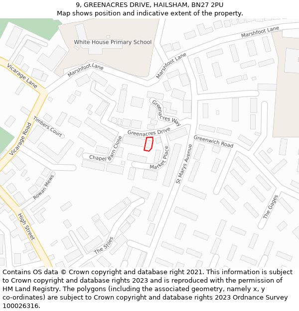 9, GREENACRES DRIVE, HAILSHAM, BN27 2PU: Location map and indicative extent of plot