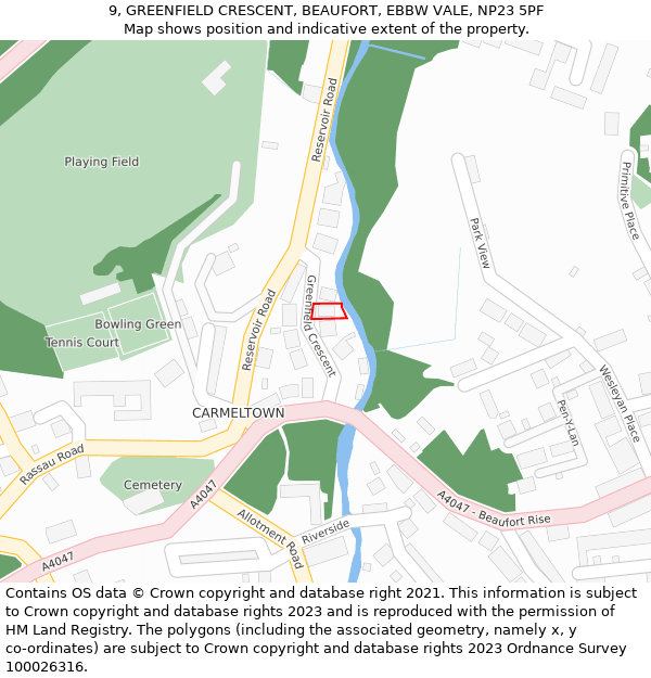 9, GREENFIELD CRESCENT, BEAUFORT, EBBW VALE, NP23 5PF: Location map and indicative extent of plot