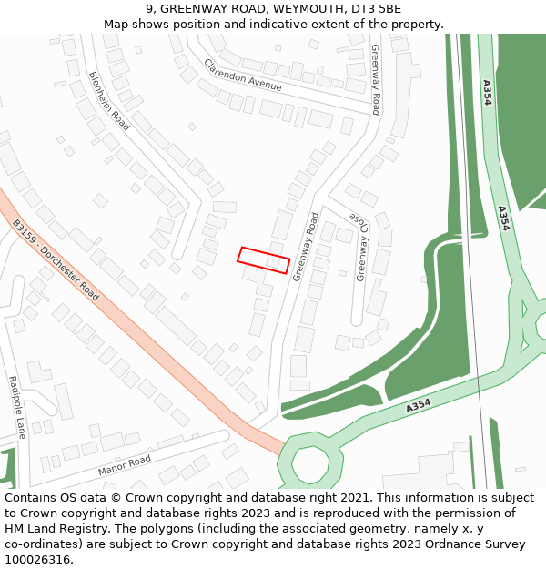 9, GREENWAY ROAD, WEYMOUTH, DT3 5BE: Location map and indicative extent of plot