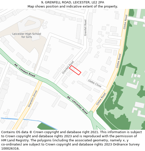 9, GRENFELL ROAD, LEICESTER, LE2 2PA: Location map and indicative extent of plot