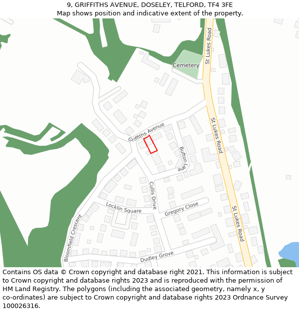 9, GRIFFITHS AVENUE, DOSELEY, TELFORD, TF4 3FE: Location map and indicative extent of plot
