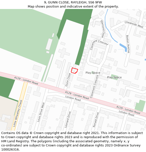 9, GUNN CLOSE, RAYLEIGH, SS6 9FW: Location map and indicative extent of plot