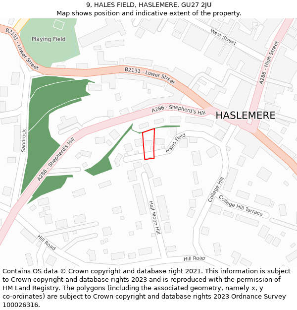 9, HALES FIELD, HASLEMERE, GU27 2JU: Location map and indicative extent of plot