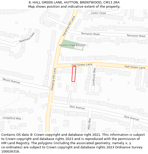 9, HALL GREEN LANE, HUTTON, BRENTWOOD, CM13 2RA: Location map and indicative extent of plot