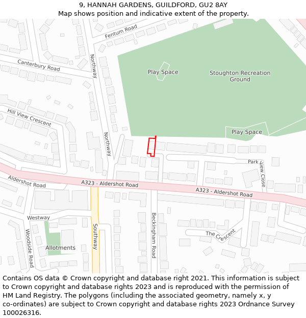 9, HANNAH GARDENS, GUILDFORD, GU2 8AY: Location map and indicative extent of plot