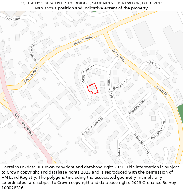 9, HARDY CRESCENT, STALBRIDGE, STURMINSTER NEWTON, DT10 2PD: Location map and indicative extent of plot