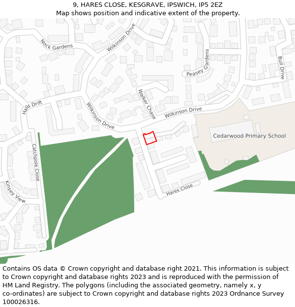9, HARES CLOSE, KESGRAVE, IPSWICH, IP5 2EZ: Location map and indicative extent of plot