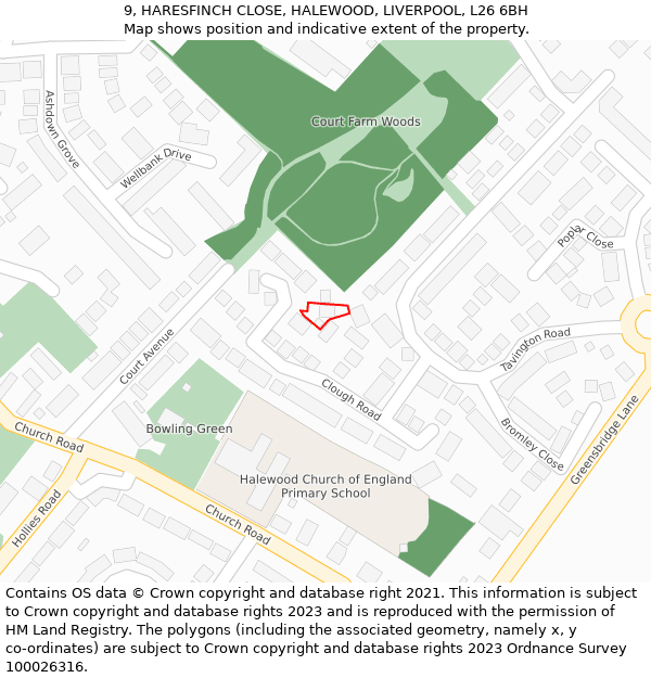 9, HARESFINCH CLOSE, HALEWOOD, LIVERPOOL, L26 6BH: Location map and indicative extent of plot