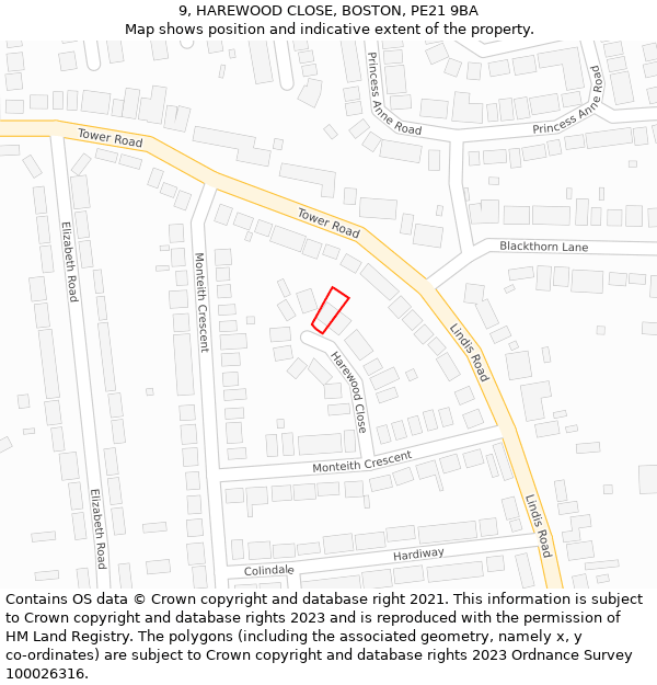 9, HAREWOOD CLOSE, BOSTON, PE21 9BA: Location map and indicative extent of plot