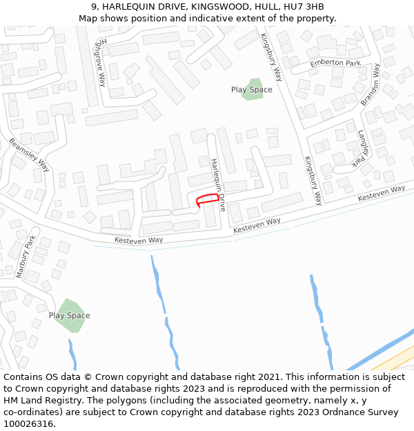 9, HARLEQUIN DRIVE, KINGSWOOD, HULL, HU7 3HB: Location map and indicative extent of plot