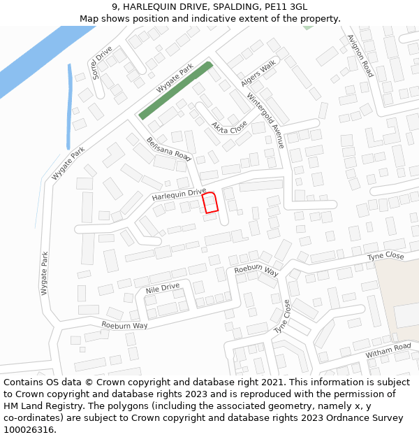 9, HARLEQUIN DRIVE, SPALDING, PE11 3GL: Location map and indicative extent of plot