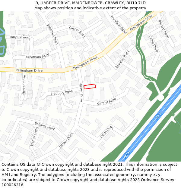 9, HARPER DRIVE, MAIDENBOWER, CRAWLEY, RH10 7LD: Location map and indicative extent of plot