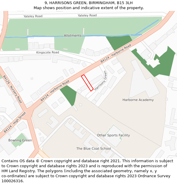 9, HARRISONS GREEN, BIRMINGHAM, B15 3LH: Location map and indicative extent of plot
