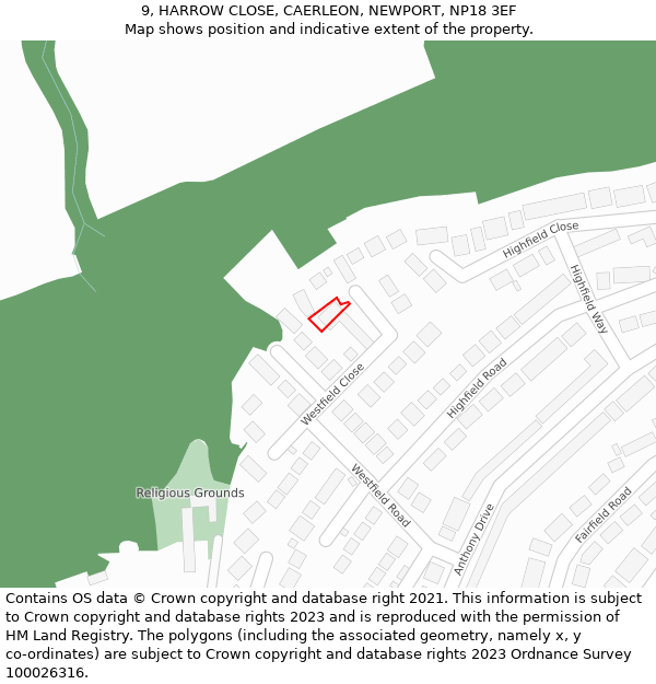 9, HARROW CLOSE, CAERLEON, NEWPORT, NP18 3EF: Location map and indicative extent of plot