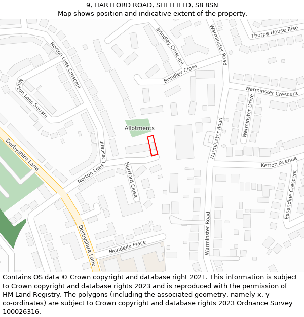 9, HARTFORD ROAD, SHEFFIELD, S8 8SN: Location map and indicative extent of plot