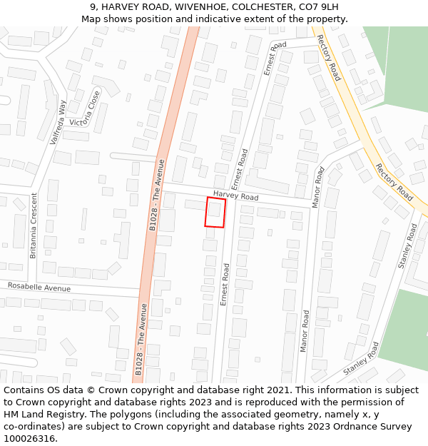 9, HARVEY ROAD, WIVENHOE, COLCHESTER, CO7 9LH: Location map and indicative extent of plot