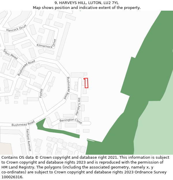 9, HARVEYS HILL, LUTON, LU2 7YL: Location map and indicative extent of plot