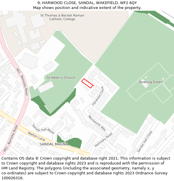 9, HARWOOD CLOSE, SANDAL, WAKEFIELD, WF2 6QY: Location map and indicative extent of plot