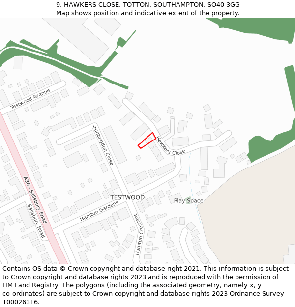 9, HAWKERS CLOSE, TOTTON, SOUTHAMPTON, SO40 3GG: Location map and indicative extent of plot