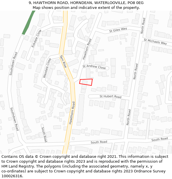 9, HAWTHORN ROAD, HORNDEAN, WATERLOOVILLE, PO8 0EG: Location map and indicative extent of plot