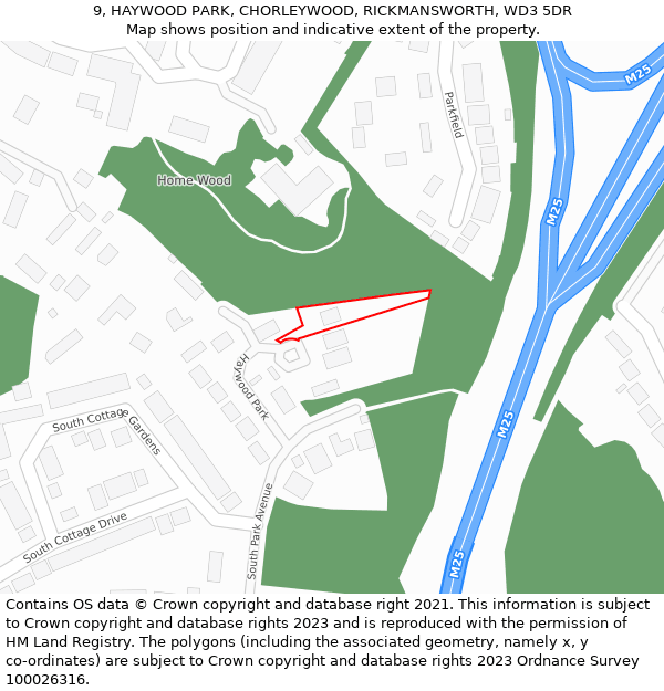 9, HAYWOOD PARK, CHORLEYWOOD, RICKMANSWORTH, WD3 5DR: Location map and indicative extent of plot