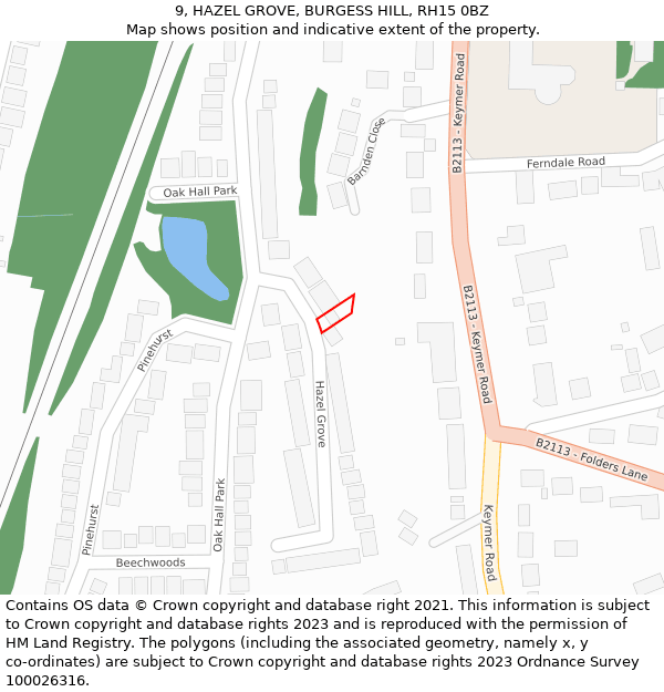 9, HAZEL GROVE, BURGESS HILL, RH15 0BZ: Location map and indicative extent of plot