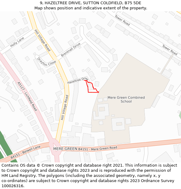 9, HAZELTREE DRIVE, SUTTON COLDFIELD, B75 5DE: Location map and indicative extent of plot