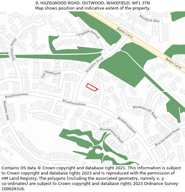 9, HAZELWOOD ROAD, OUTWOOD, WAKEFIELD, WF1 3TN: Location map and indicative extent of plot