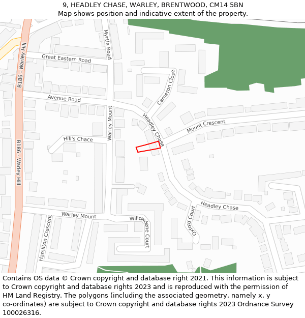 9, HEADLEY CHASE, WARLEY, BRENTWOOD, CM14 5BN: Location map and indicative extent of plot