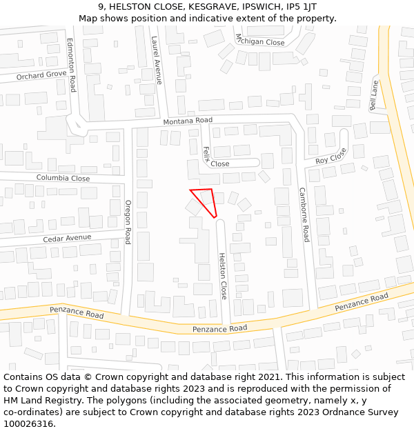 9, HELSTON CLOSE, KESGRAVE, IPSWICH, IP5 1JT: Location map and indicative extent of plot